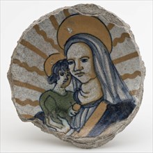 Fragment majolica dish with Mary with Christ child, dish crockery holder soil find ceramic earthenware glaze tin glaze lead