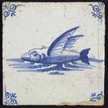 Animal tile, flying fish in water, blue, corner motif ox head, wall tile tile sculpture ceramic earthenware glaze tinglage