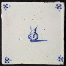 Animal tile, sitting hare on the back, in blue on white, corner motif spider, wall tile tile sculpture ceramic earthenware glaze