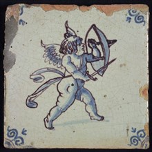 Figure tile, rimmed cupid with shield and sword, corner pattern ox head, wall tile tile sculpture soil find ceramic pottery