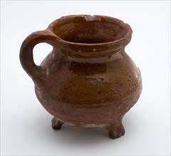 Pottery cooking jug, red shard, glazed, vertical sausage ear, on three legs, grape cooking pot tableware holder utensils