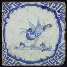 Animal tile, blue in white, bird above ground, corner motif Wanli, wall tile tile sculpture ceramics pottery glaze, baked 2x