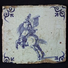 Figure tile, blue on white, rider horn blower, corner motif ox's head, wall tile tile sculpture ceramic earthenware glaze, baked