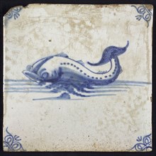 Animal tile, blue on white, fish or dolphin, corner pattern ox head, wall tile tile sculpture ceramic earthenware glaze, baked