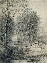 after: Gerard van Nijmegen, Drawing in pencil, forest landscape with cattle driver and castle ruin, drawing footage paper pencil