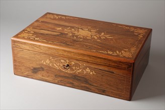 Wooden writing box with flower decoration, inside writing surface, storage compartments and two ink bottles, writing box box