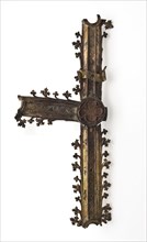 Part of copper processional cross with engraved Christ, gilt copper, process cross cross soil find copper gold leaf iron lead