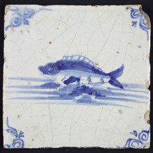 Animal tile, fish in continuous water, angular pattern ox's head, wall tile tile sculpture ceramic earthenware glaze, baked 2x