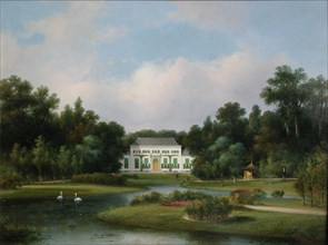 Lodewijk Johannes Kleijn, View of the country house De Heuvel in the Park with pond containing two swans, landscape painting
