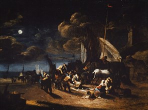 Hendrik de Meijer, Fishermen on the beach at night, painting footage wood oil panel, Fishermen on the beach at night panel