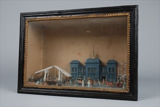 Diorama or viewing box of detailed, polychrome painted cut from Beurs with some buildings next to it, diorama footage cardboard