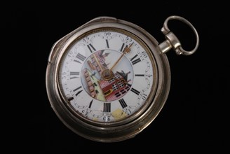 Samuel Ruel (watch), Pocket watch with enamel dial with port quay scene in color and with gold interior and exterior case