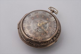 Carolus van Aller, Silver pocket watch with silver dial with ajour heart plate and red golden hour points and driven exterior