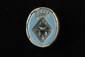 Stamp of ring with family arms, blue and black material in silver setting, signet ring ring ornament clothing accessory clothing