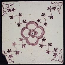 F.J. Kleyn, Ornament tile, rosette with flower heart, corner pattern ox head, wall tile tile sculpture ceramics pottery glaze