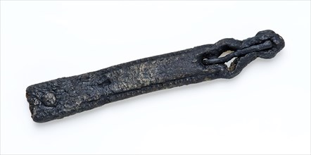 Long lanyard, ending in constricted buckle, belt buckle fastener component ground find copper leather metal, archeology