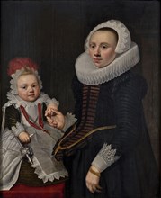 Portrait of an unknown woman with child, portrait painting visual material wood oil, Oil on panel Black polished profile frame