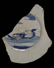 Fragment plate with seafish in blue, plate crockery holder soil find ceramic earthenware glaze tin glaze, hand-turned glazed