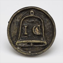 Brass seal stamp with image bell (clock) in which letters D I, seal stamp stamp equipment ground find brass metal, cast cut
