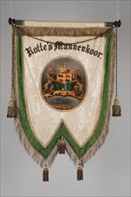 Banner of the Rotte's Male Choir, standard information form silk silk damask silver, Banner of white floral damask with green