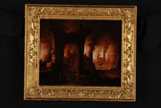 Claes Jansz. van der Willigen, The fire of Troy, with fleeing people and the horse of Troy, painting footage wood oil, Oil