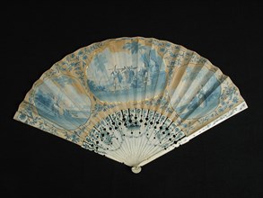 Folding fan, painted leaves, ivory legs, leaf painted with three cartouches with in middle and largest cartouche representation