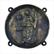 Round brass insignia with Saint Barbara and tower, pilgrims insignia insignia devotionalia earth discovery copper metal d 0,3