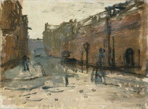 George Hendrik Breitner, De Baan in Rotterdam (study), cityscape painting footage wood oil, Painting landscape format