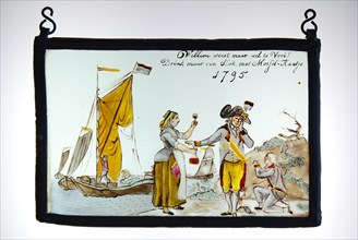 Window hanger depicting the flight of Stadholder Prince Willem V (1748-1806) from the beach in Scheveningen in 1795, stained