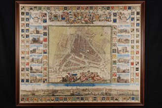 Johannes de Vou, Colored print, with frame, map of Rotterdam by Johannes de Vou, print visual material map map information form