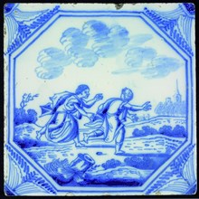 atelier Aalmis, Tile with mythological scene with Byblis and Caunus, in octagon with feathered corners, wall tile tile sculpture