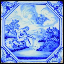 atelier Aalmis, Tile with mythological scene with Ganymede, in octagon with feathered corners, wall tile tile sculpture ceramics