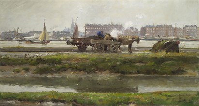August Willem van Voorden, Unloading train wagon along the Nieuwe Maas, cityscape painting visual material oil paint linen wood