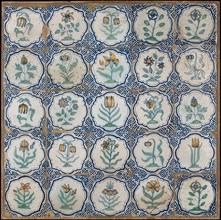 Tile field of 25, five high, five wide; flowers, including tulip, daffodil, blue grape, fritillary, on ground, corner motif