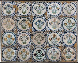 Tile field, four tall, five broad, tulip-like flowers, corner motif, wing-leaf, tile field wall tile tile sculpture ceramic