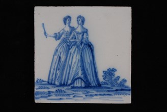 Jan Aalmis sr., Blue white tile with two ladies in long gowns, wall tile tile sculpture ceramic earthenware glaze, baked 2x