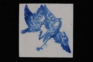 Jan Aalmis sr., Blue white tile with falcon attacking heron, wall tile tile sculpture ceramic earthenware glaze, Germany wühl
