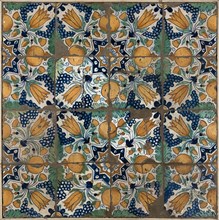 Tile field of sixteen pieces, four high, four wide; tulip, orange apple, bunch of grapes, acorns and marigolds, tile field wall