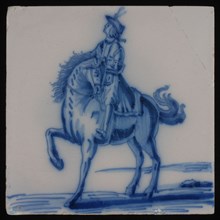 Jan Aalmis sr., Tile, blue on white, with an image of horseman, wall tile tile sculpture ceramic earthenware glaze, baked 2x