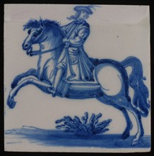 Jan Aalmis sr., Tile, blue on white, with an image of jumping rider, wall tile tile sculpture ceramic earthenware glaze, baked