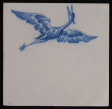 Jan Aalmis sr., Tile, blue on white, with the image of heron with spread wings and with opened beak, wall tile tile sculpture