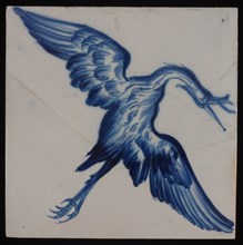 Jan Aalmis sr., Tile, blue on white, with the image of heron with spread wings, wall tile tile sculpture ceramic earthenware