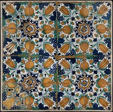 Tile field, four high, four broad, parqueted, flower, orange and bunch of grapes, tile field wall tile tile sculpture ceramic