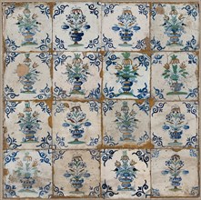 Tile field, four high, four wide, flower vase with flowers, corner motif ox's head, tiled field wall tile tile sculpture ceramic