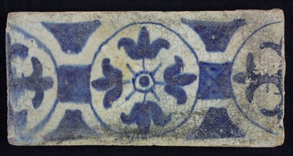 Border tile, blue, decoration with circles and flowers, edge tile wall tile tile sculpture ceramic earthenware glaze, baked 2x