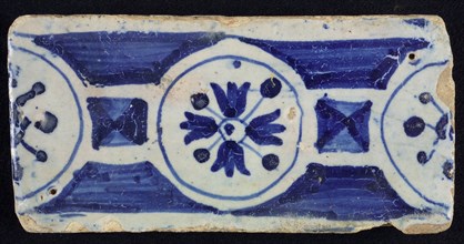 Border tile, blue, decoration with circles and flowers, edge tile wall tile tile sculpture ceramic earthenware glaze, baked 2x