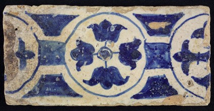 Border tile, blue, decoration with circles and flowers, border tile wall tile tile sculpture ceramic earthenware glaze, baked 2x