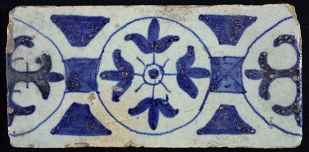 Border tile, blue, decoration with circles and flowers, edge tile wall tile tile sculpture ceramic earthenware glaze, baked 2x