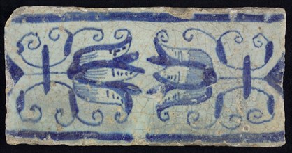Blue border tile, waving floral pattern with tulips, above and below blue border, border tile wall tile tile sculpture ceramic