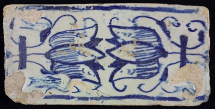 Blue border tile, waving floral pattern with tulips, above and below blue border, edge tile wall tile tile sculpture ceramic